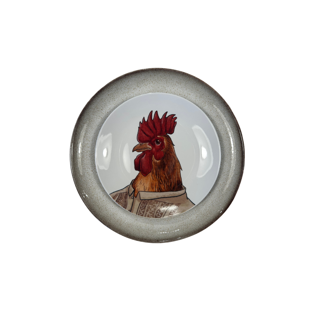 Plato porcelana gallo sobre plato latte brillo ceramica