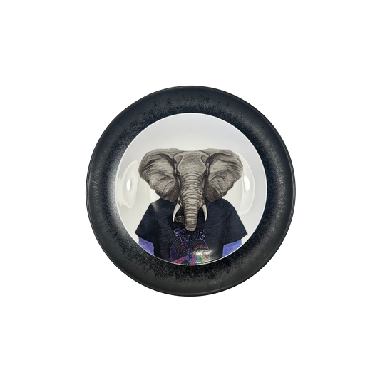 Plato porcelana elefante sobre plato negro antracita ceramica