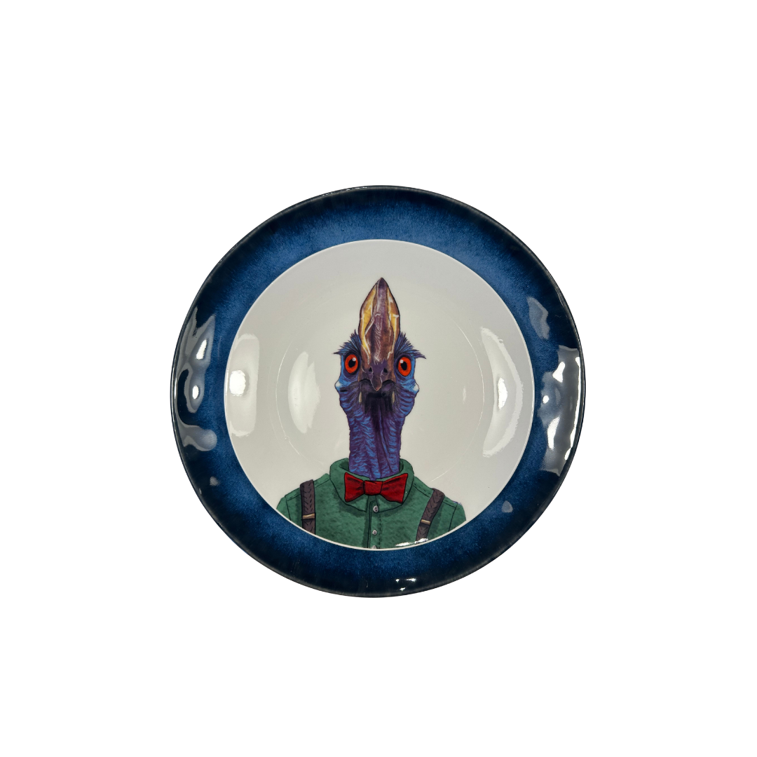 Plato porcelana emu sobre plato azul oceano