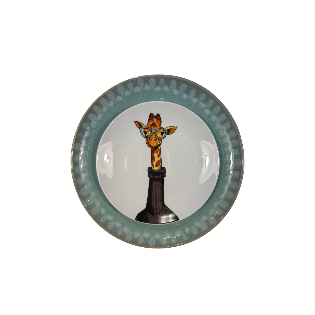 Plato porcelana jirafa sobre plato aguamarina ceramica