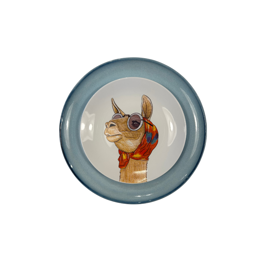 Plato porcelana llama sobre plato azul cielo ceramica