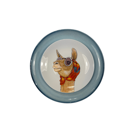 Plato porcelana llama sobre plato azul cielo ceramica