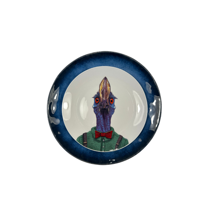 Plato porcelana emu sobre plato azul oceano