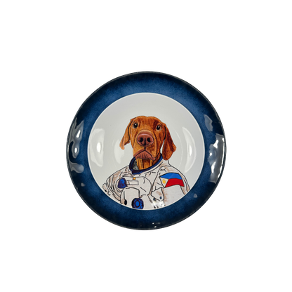 Plato porcelana perro sobre plato azul oceano ceramica